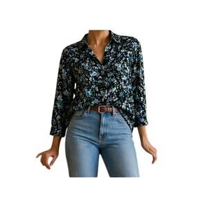 J.Jill Blue Floral Tiered Tunic Button Up Blouse Cottagecore Layered S